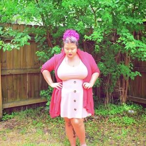 Pink Button-Front Dress with Red Cardigan